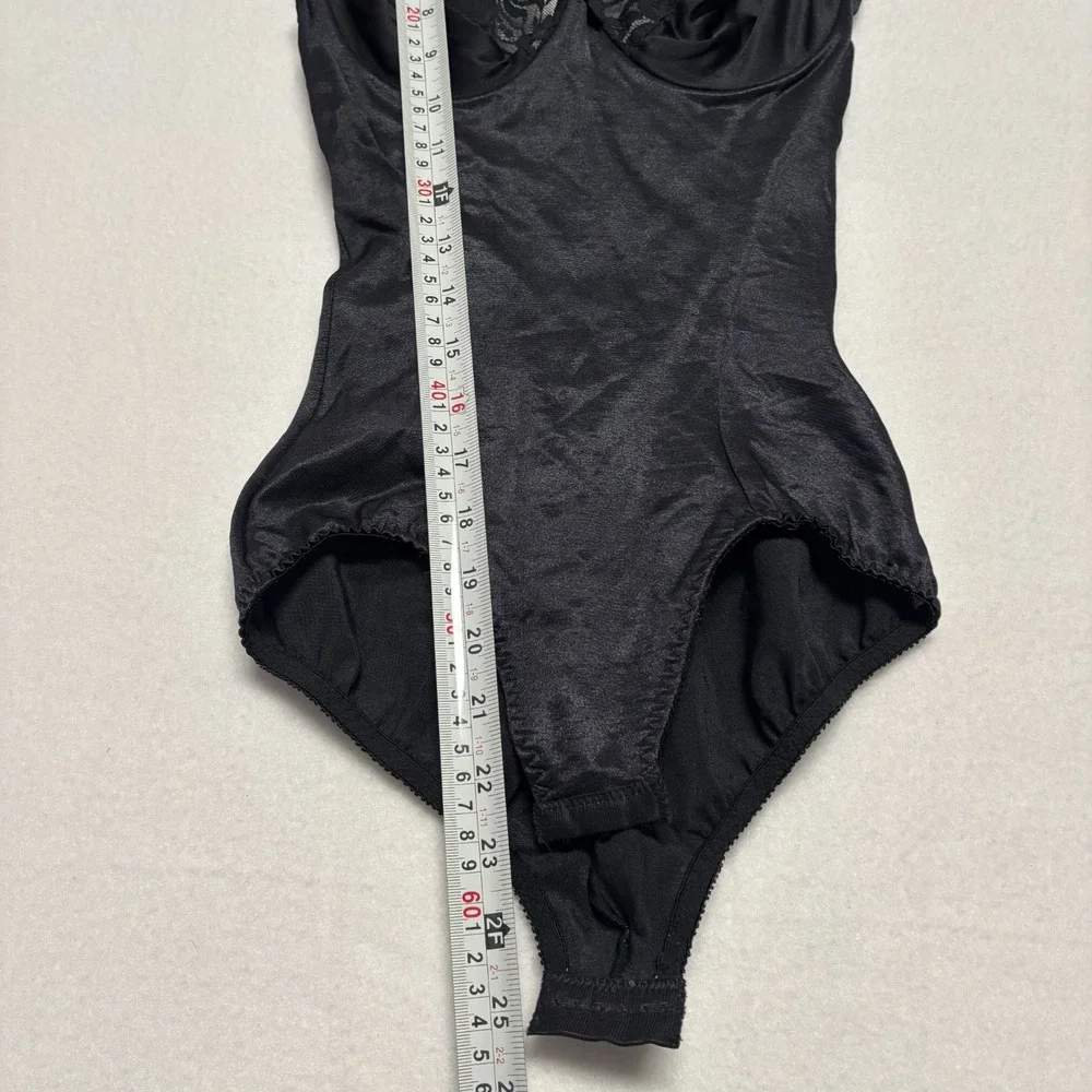 Vintage OLGA‎ 42007 Black Lace Trim Full Body Shaper Bodysuit 34B